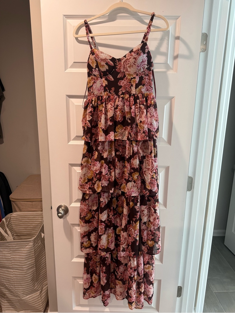Floral Tiered Maxi Dress in Dark Brown and Pink